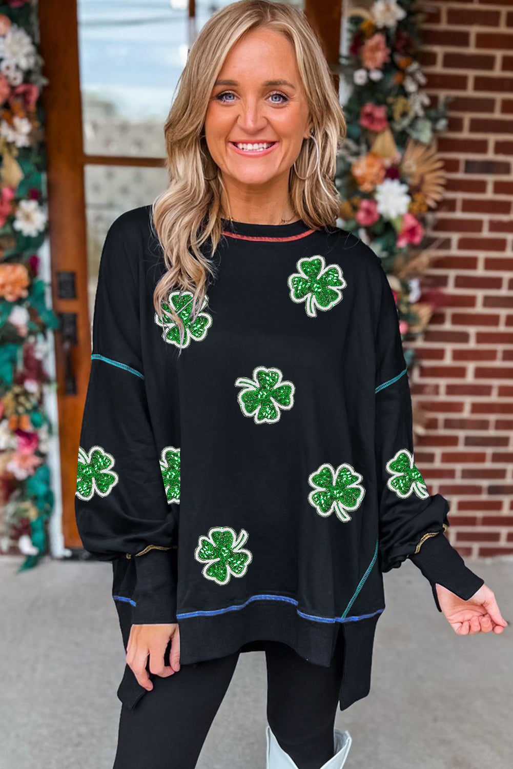Black Sequin Clover Exposed Seam Split Lantern Sleeve Sweatshirt Graphic Sweatshirts JT's Designer Fashion