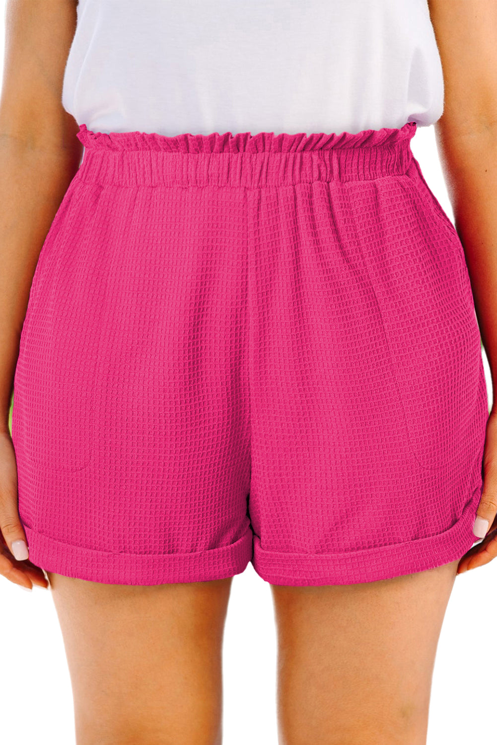 Bright Pink Plus Size Rolled Edge Ruffled Elastic Waist Textured Shorts Pre Order Plus Size JT's Designer Fashion