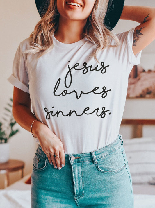 White Jesus Loves Sinners Funny Belief T Shirt White 95%Polyester+5%Elastane Graphic Tees JT's Designer Fashion