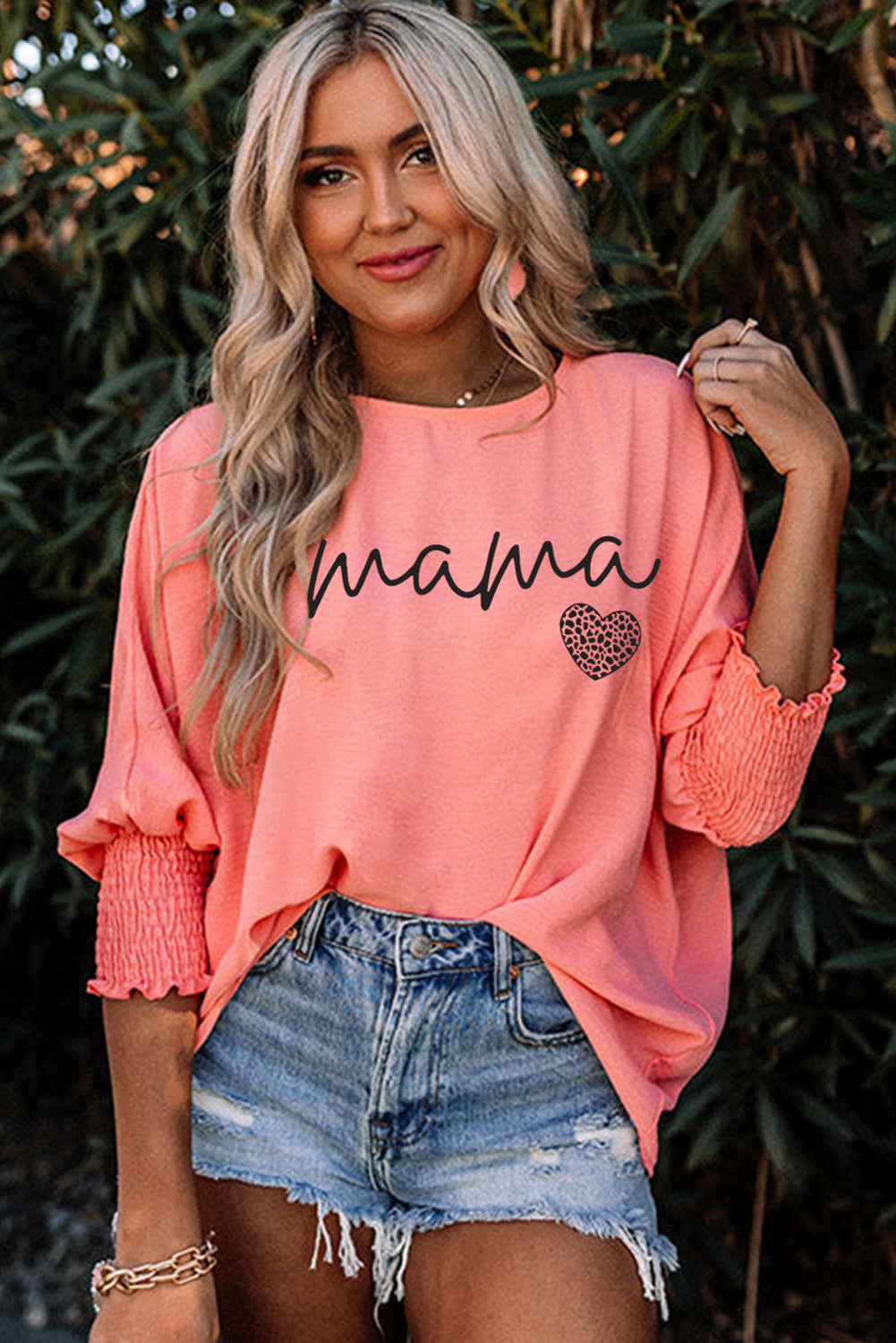 Pink mama Leopard Heart Print Shirred 3/4 Sleeve Top Graphic Tees JT's Designer Fashion
