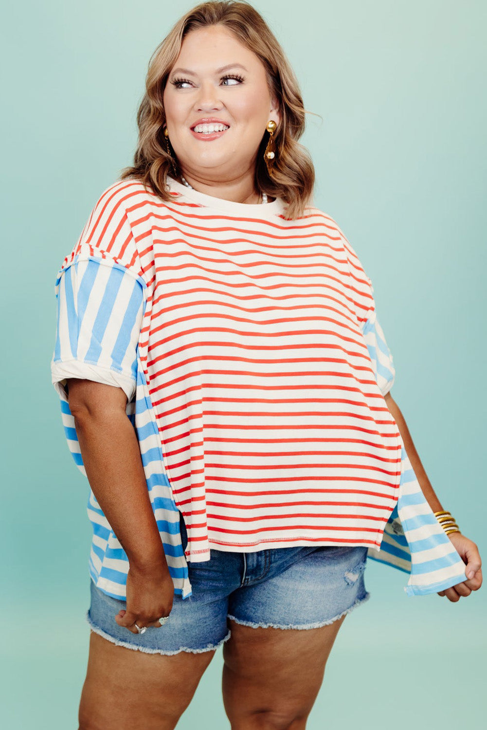 Multicolour Two Tone Striped Print Drop Shoulder Plus Size T Shirt Pre Order Plus Size JT's Designer Fashion