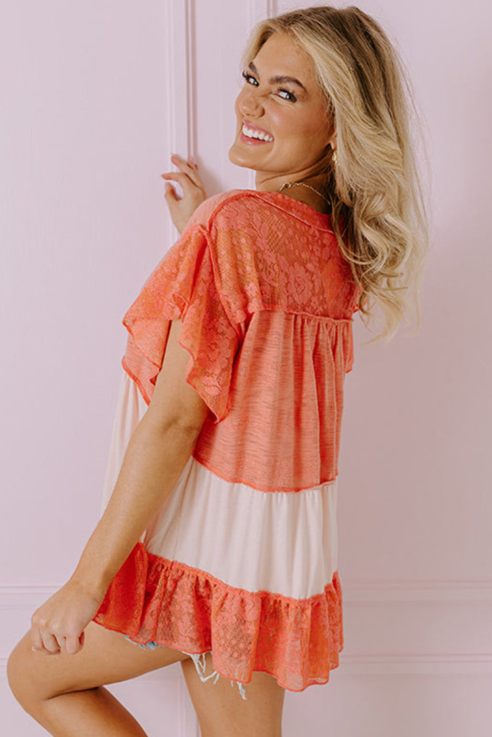Grapefruit Orange Ruffled Lace Exposed Seam Patchwork Babydoll Top Pre Order Tops JT's Designer Fashion