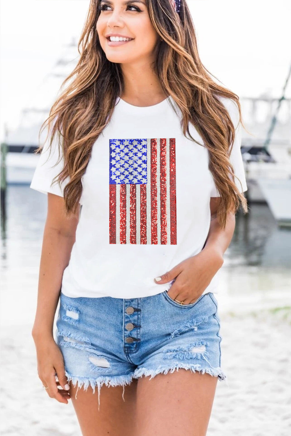 White Shimmery Flag Graphic Tee Graphic Tees JT's Designer Fashion