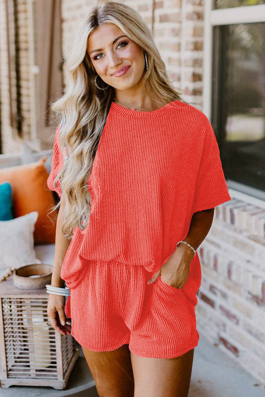Orange Ribbed Textured Knit Loose Fit Tee and Shorts Set