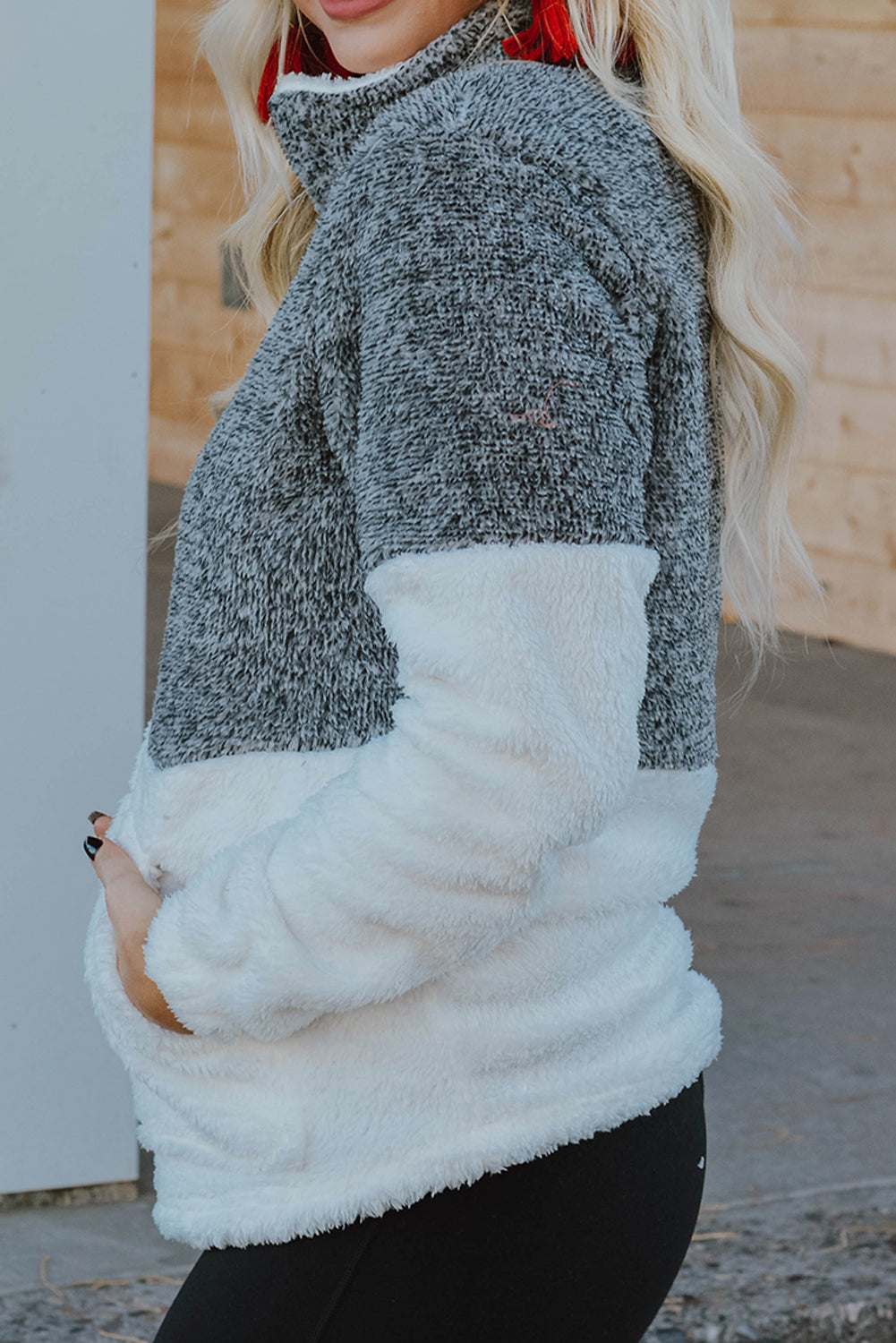 Charcoal White Zip Neck Oversize Fluffy Fleece Pullover Sweatshirts & Hoodies JT's Designer Fashion