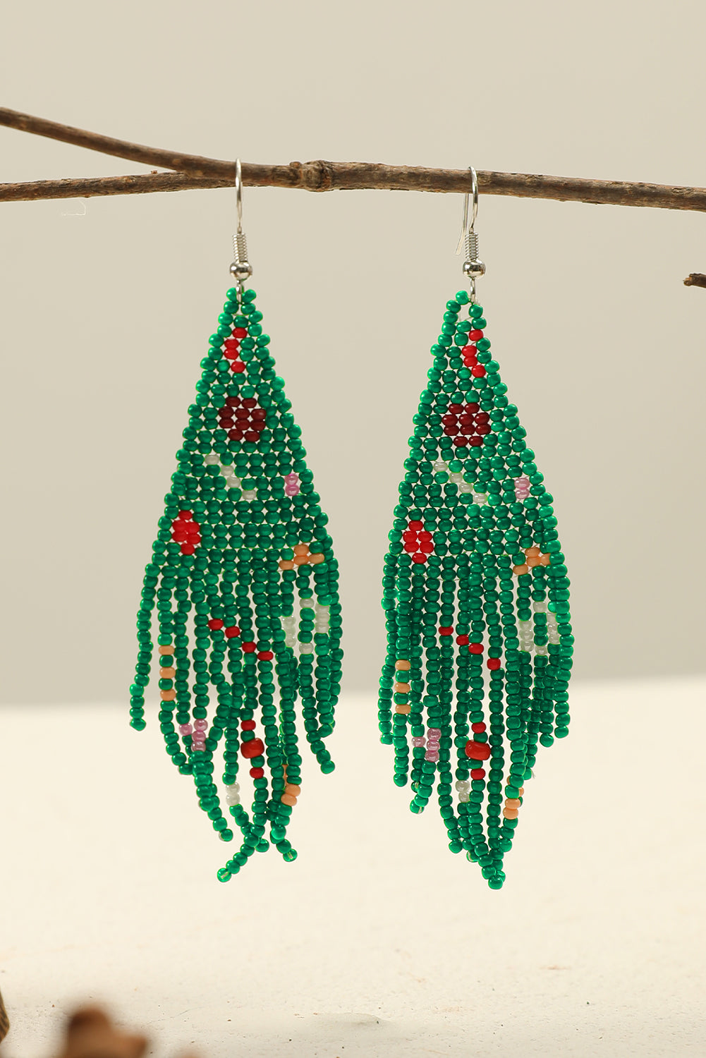 Green Beaded Christmas Tree Fringe Earrings Jewelry JT's Designer Fashion