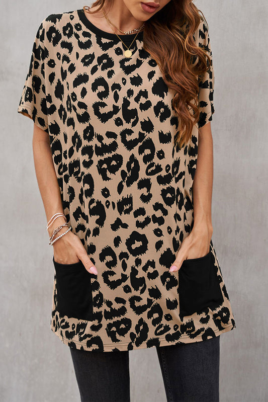 Leopard Print Pocketed T-shirt Mini Dress T Shirt Dresses JT's Designer Fashion