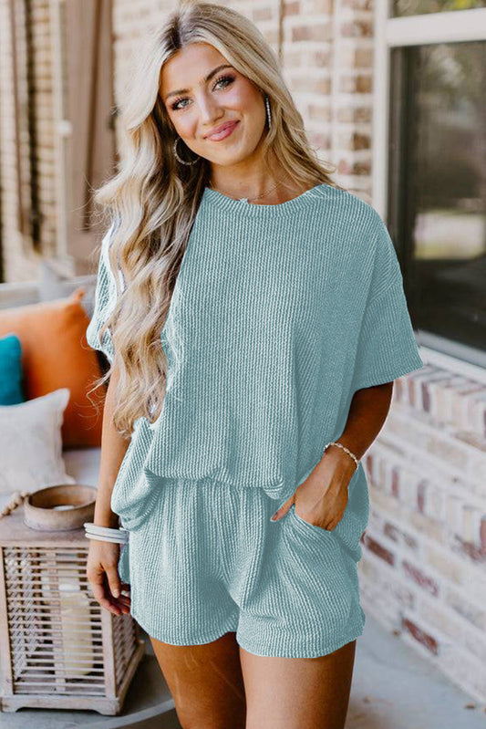 Iceland Blue Ribbed Textured Knit Loose Fit Tee and Shorts Set