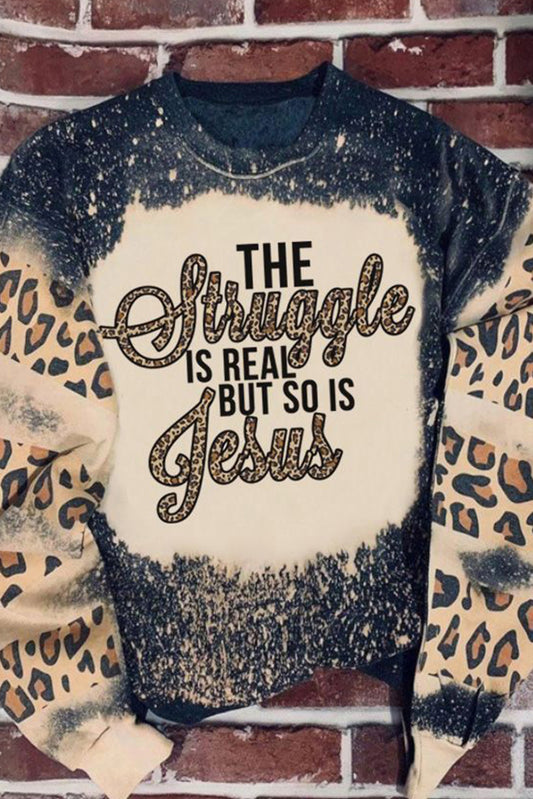 Black Struggle Jesus Leopard Bleached Print Sweatshirt Graphic Sweatshirts JT's Designer Fashion
