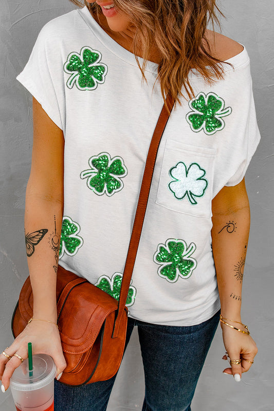 white Sequin St Patrick Clover Patch Pocket Loose Tee Graphic Tees JT's Designer Fashion