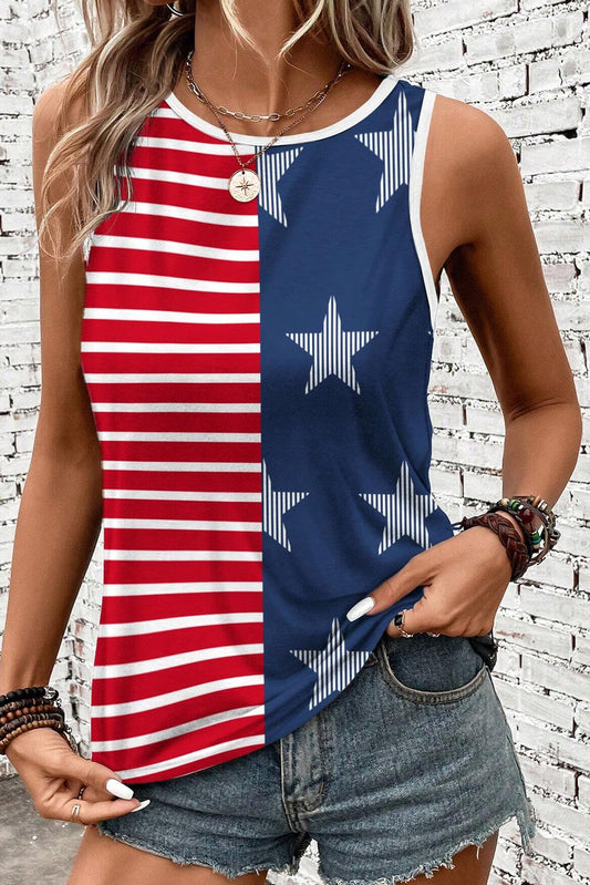 Red Stripe Women's Usa Flag Printed Round Neck Tank Top Pre Order Tops JT's Designer Fashion