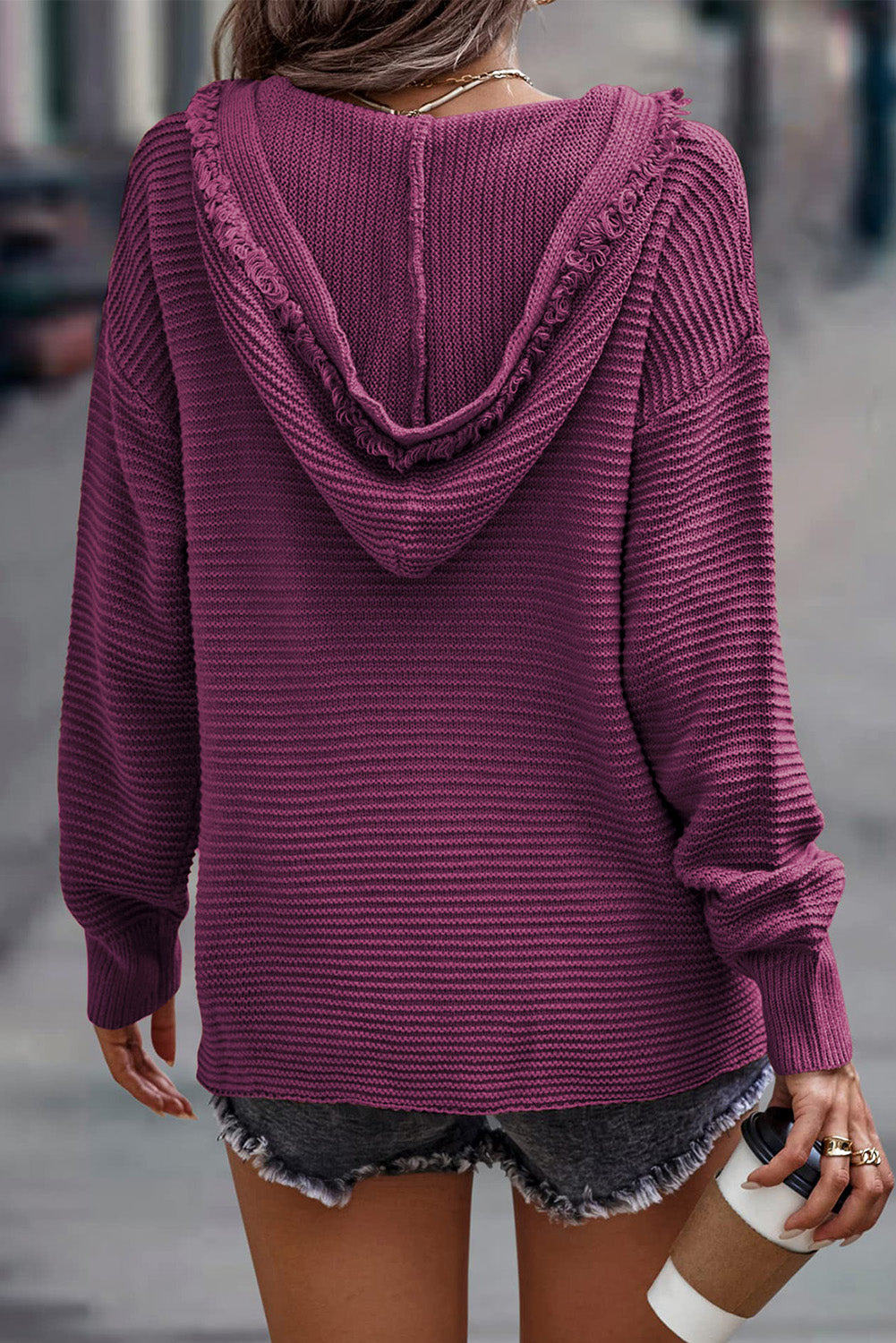 V Neck Ribbed Drop Shoulder Hooded Sweater Sweaters & Cardigans JT's Designer Fashion