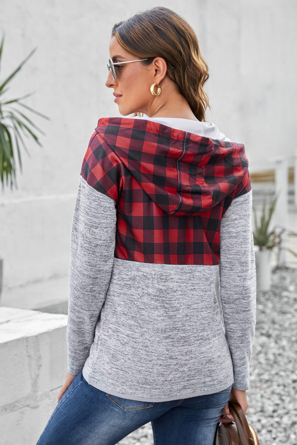 Fiery Red Plaid Splicing Pocketed Gray Hoodie Sweatshirts & Hoodies JT's Designer Fashion