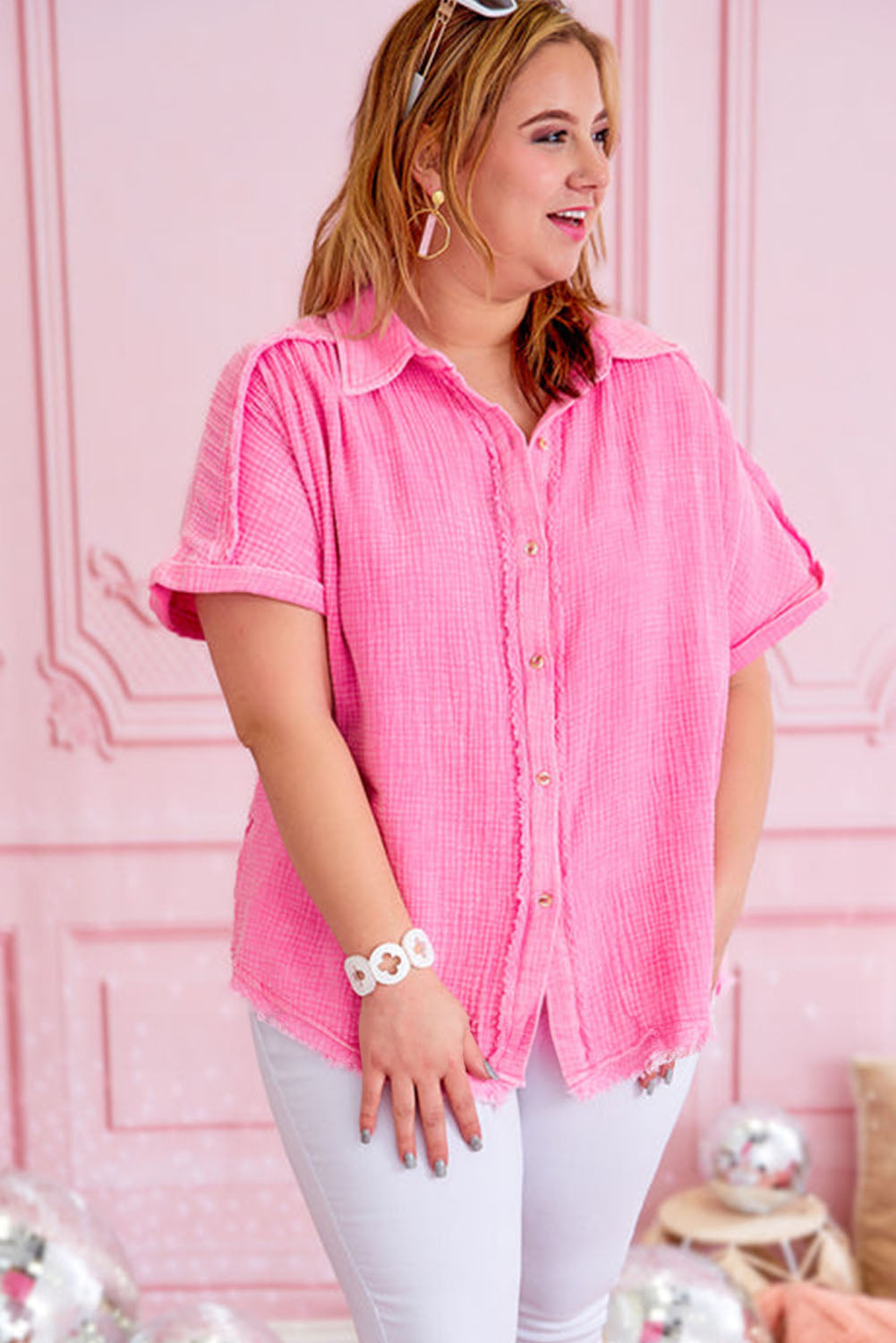 Bonbon Textured Buttoned Frayed Plus Size Shirt Pre Order Plus Size JT's Designer Fashion