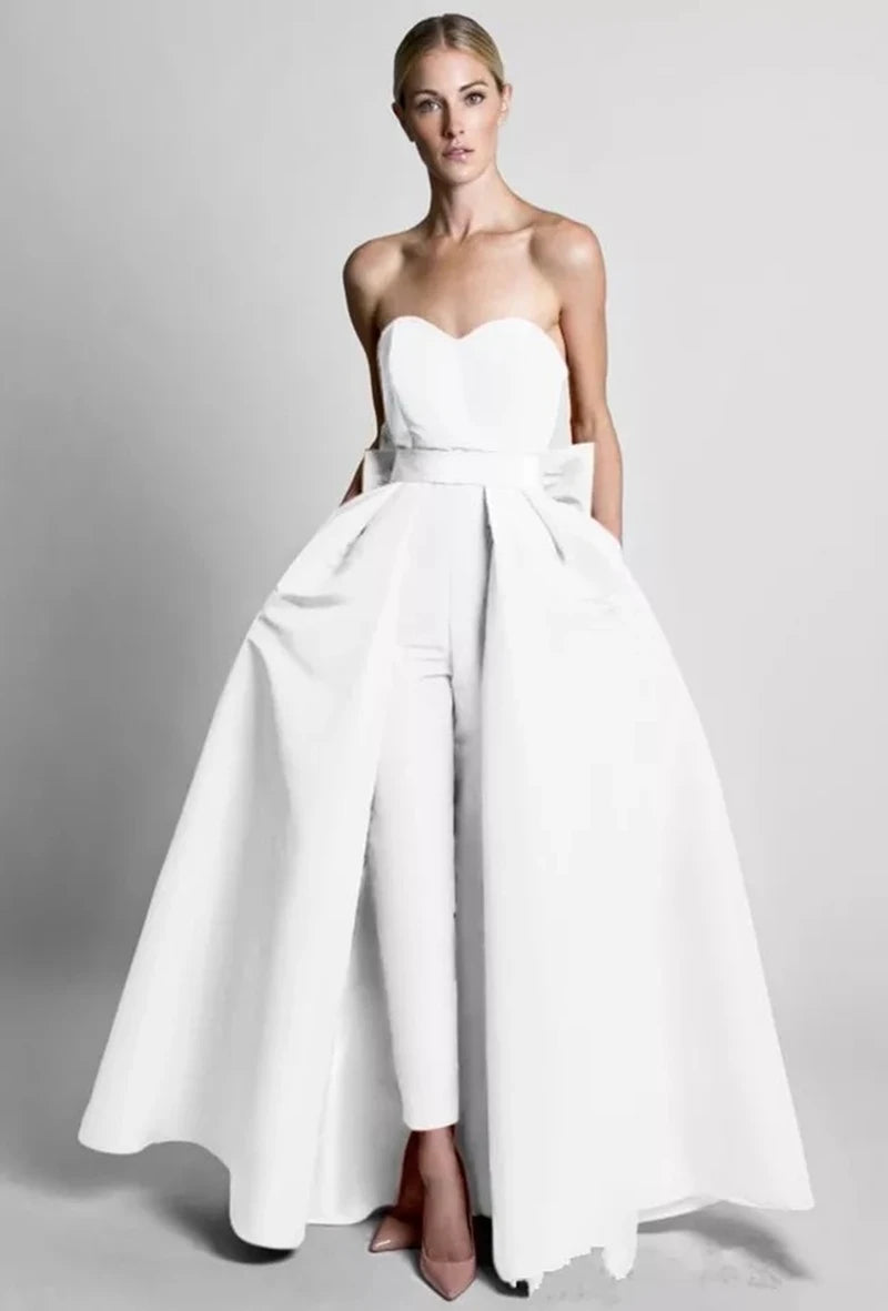 Sleeveless Jumpsuit with Detachable Skirt Prom Party Gown WHITE Evening Dresses JT's Designer Fashion