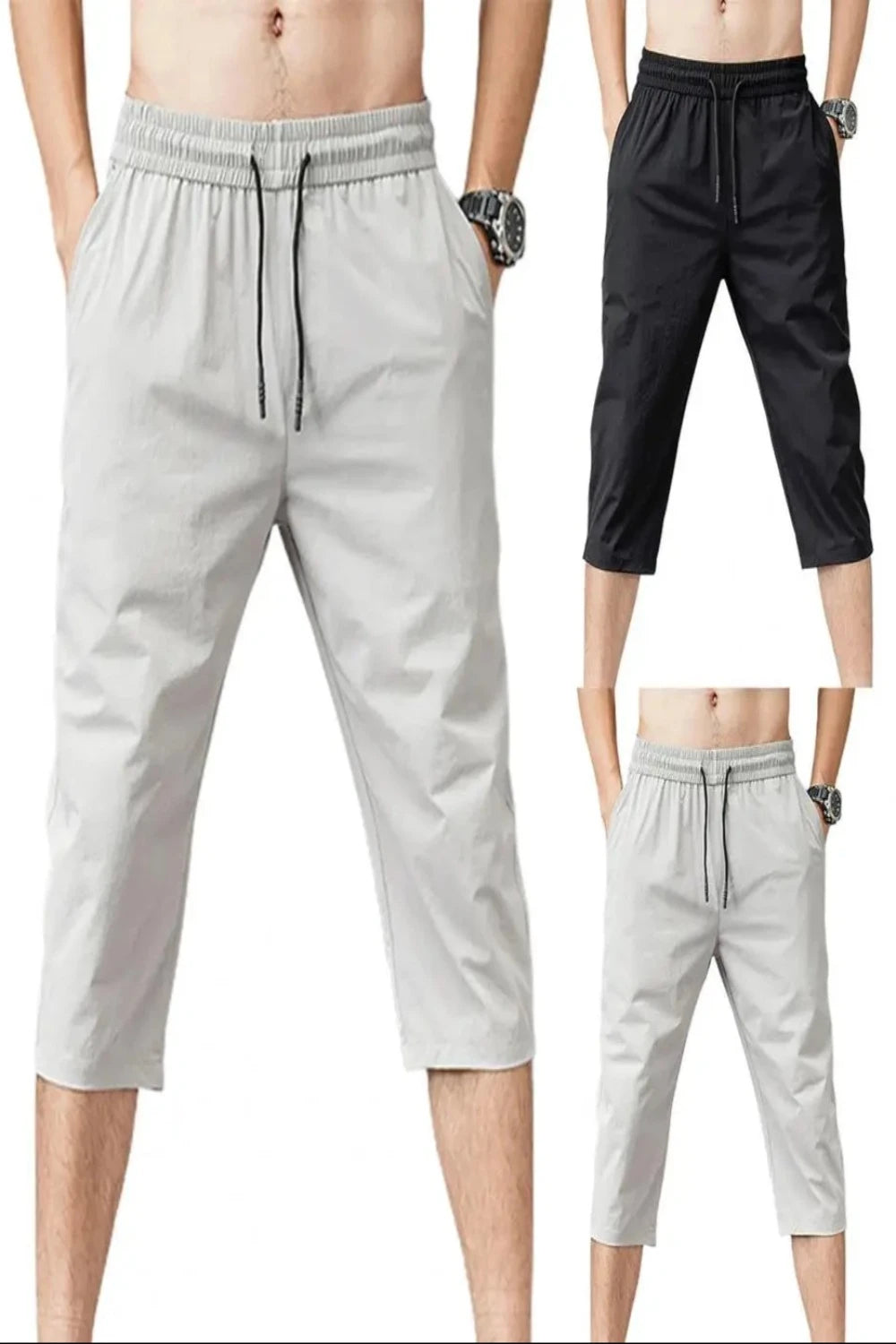 Elastic Waist Men Drawstring 3/4 Length Trousers Men's Pants JT's Designer Fashion