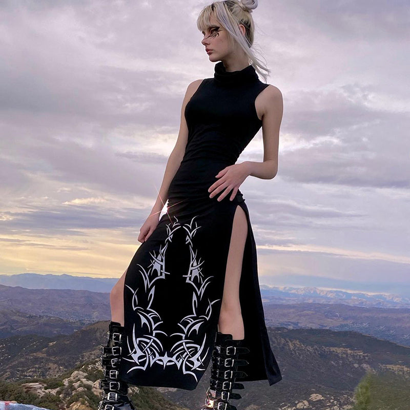 Ladies Black & White Split Side Turtleneck Sleeveless Maxi Dress Maxi Dresses JT's Designer Fashion