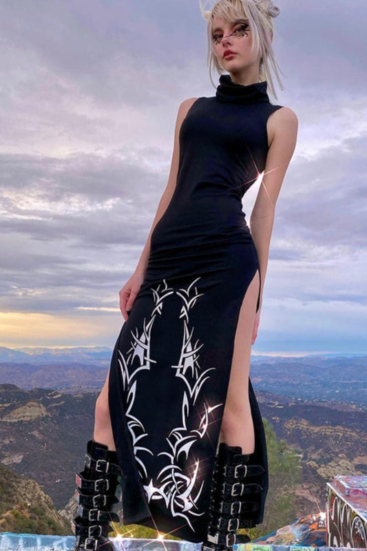 Ladies Black & White Split Side Turtleneck Sleeveless Maxi Dress Maxi Dresses JT's Designer Fashion