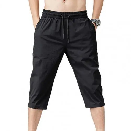 Elastic Waist Men Drawstring 3/4 Length Trousers Black United States Men's Pants JT's Designer Fashion