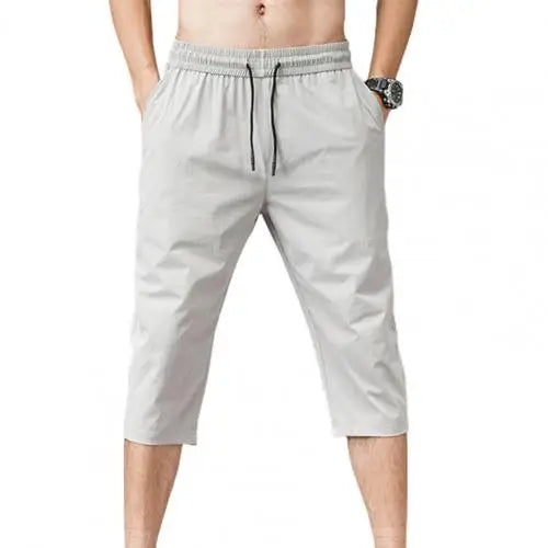 Elastic Waist Men Drawstring 3/4 Length Trousers Light Grey United States Men's Pants JT's Designer Fashion