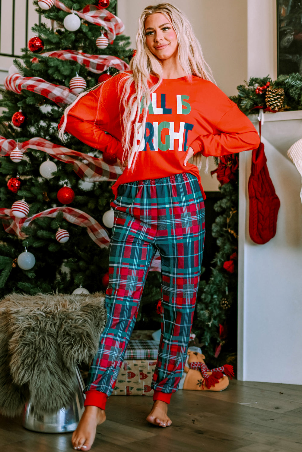 Multicolor ALL IS BRIGHT Graphic Christmas Plaid Pajamas Set Loungewear JT's Designer Fashion