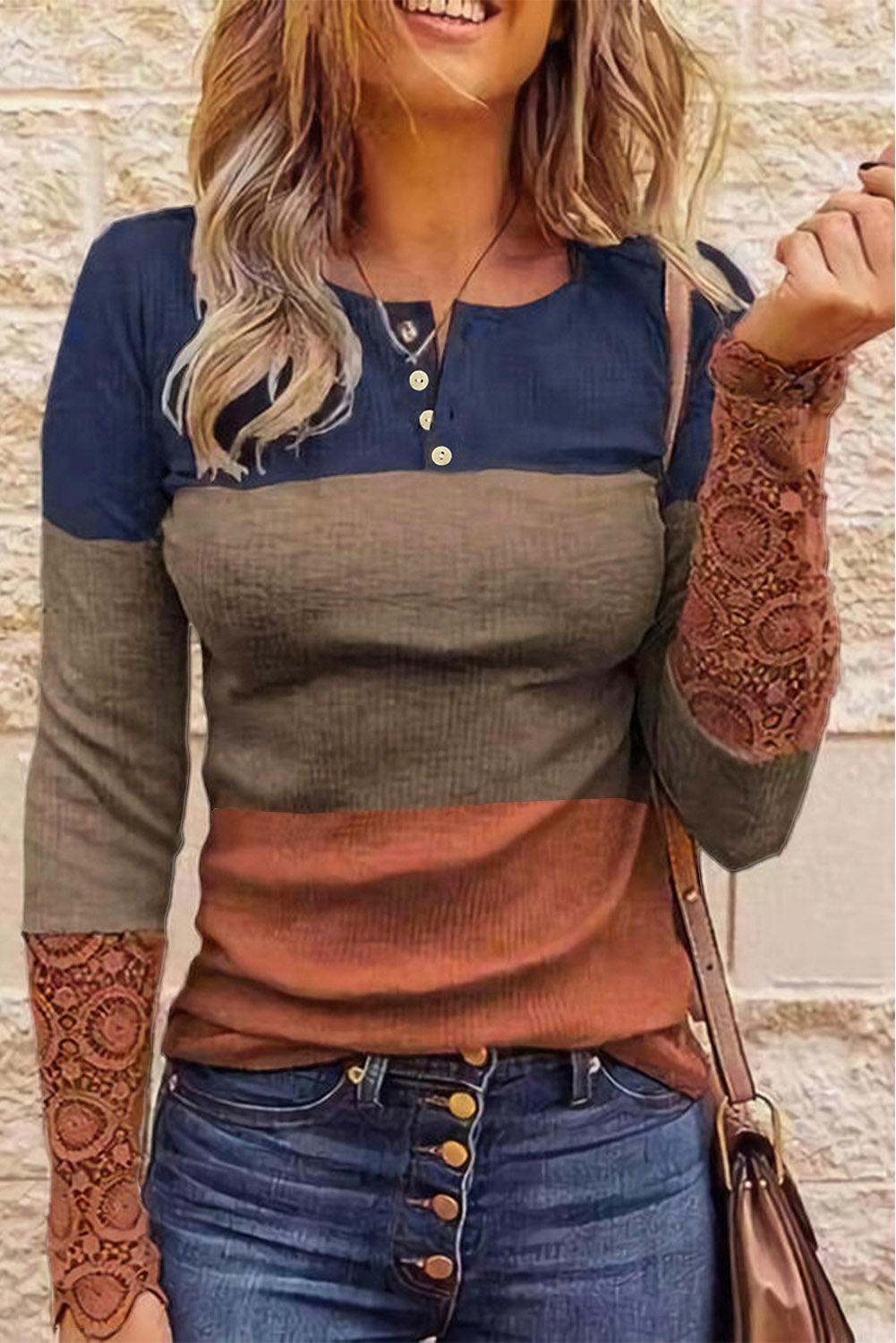 Blue Ribbed Lace Splicing Color Block Long Sleeve Top Long Sleeve Tops JT's Designer Fashion