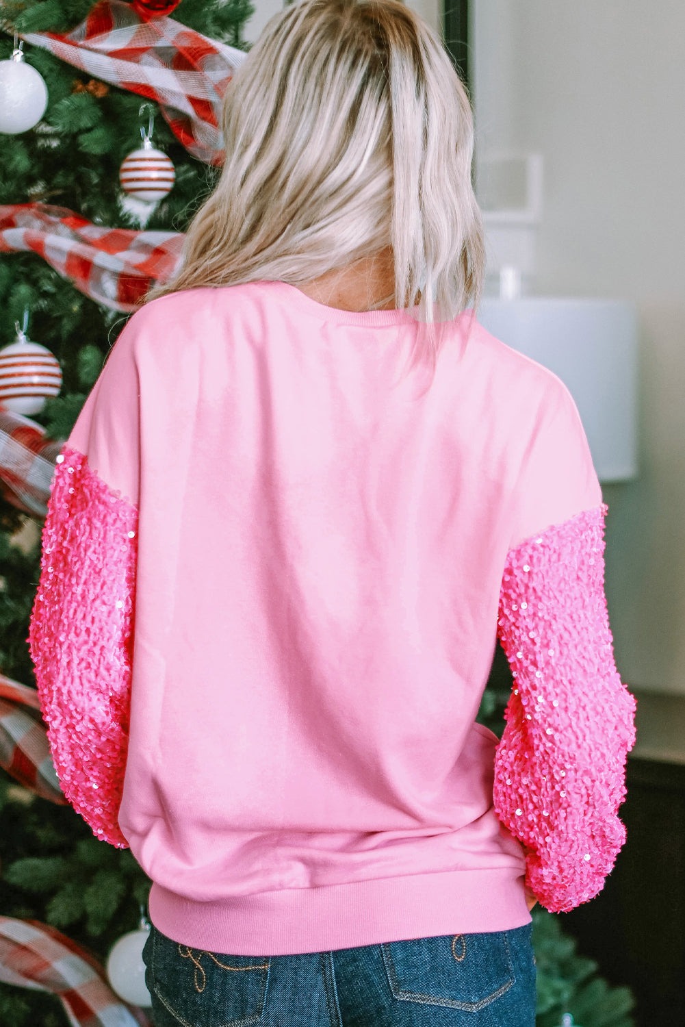 Pink Sequin Long Sleeve Crewneck Top Sweatshirts & Hoodies JT's Designer Fashion