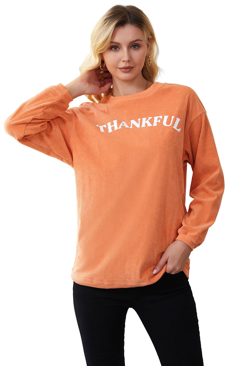 Orange THANKFUL Ribbed Corded Oversized Sweatshirt Sweatshirts & Hoodies JT's Designer Fashion