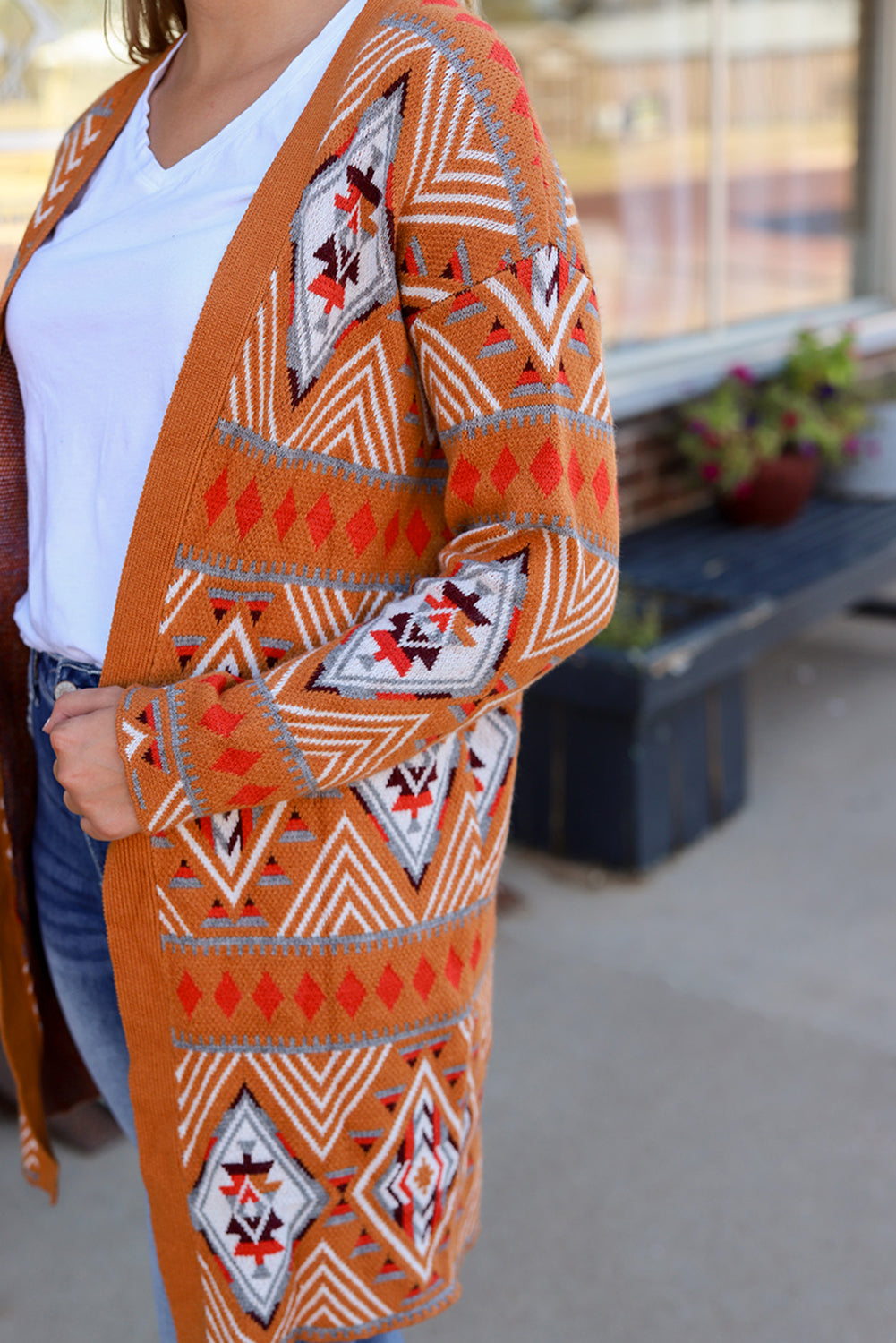 Orange Aztec Geometric Knit Open Front Cardigan Sweaters & Cardigans JT's Designer Fashion