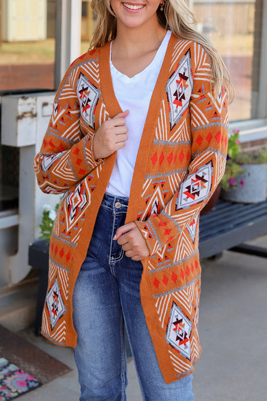 Orange Aztec Geometric Knit Open Front Cardigan Sweaters & Cardigans JT's Designer Fashion