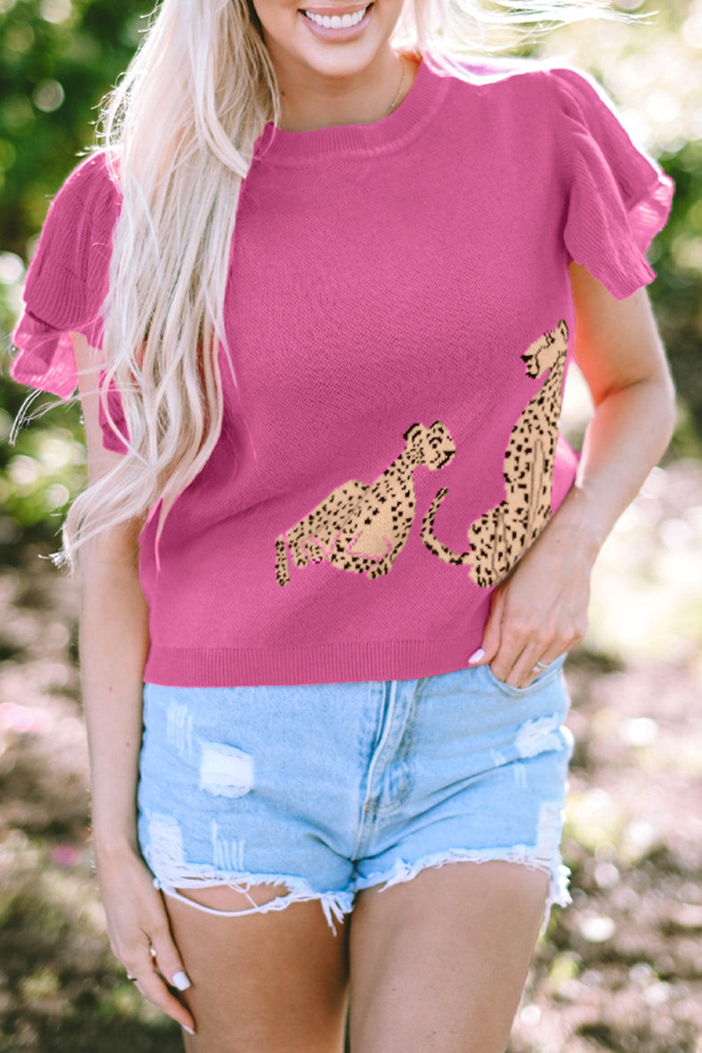 Pink Leopard Ruffled Sleeve Round Neck Knit Sweater Sweaters & Cardigans JT's Designer Fashion