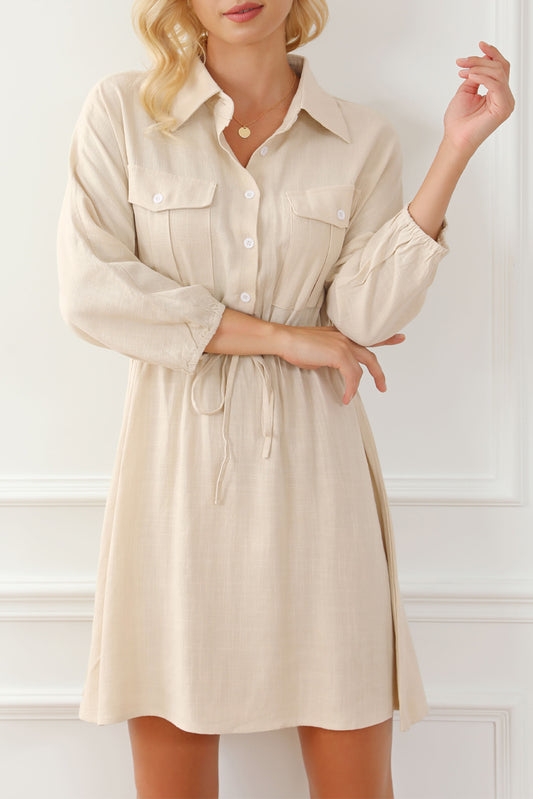Apricot Drawstring High Waist Chest Pockets Buttoned Mini Dress Dresses JT's Designer Fashion