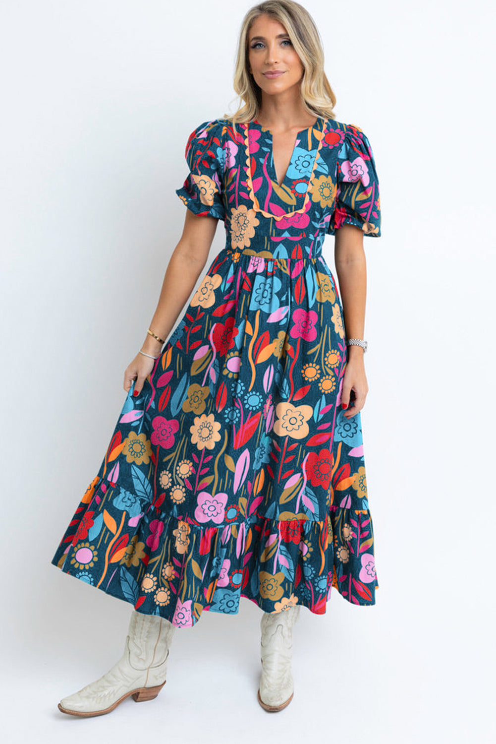 Green Retro Floral Printed Split Neck Maxi Dress Maxi Dresses JT's Designer Fashion