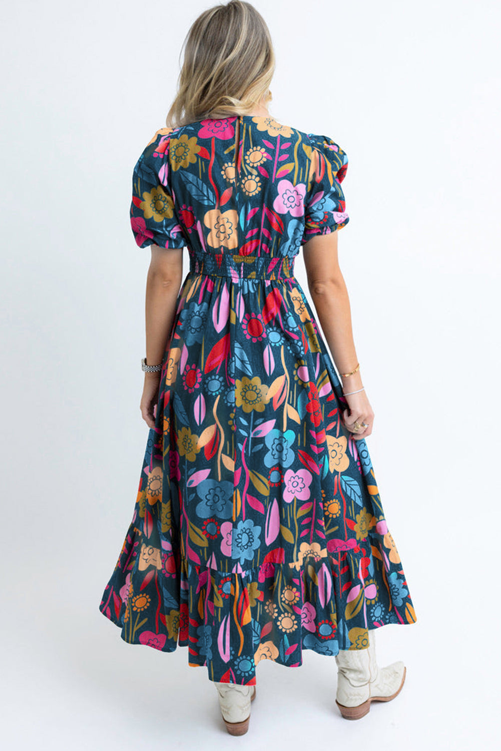 Green Retro Floral Printed Split Neck Maxi Dress Maxi Dresses JT's Designer Fashion
