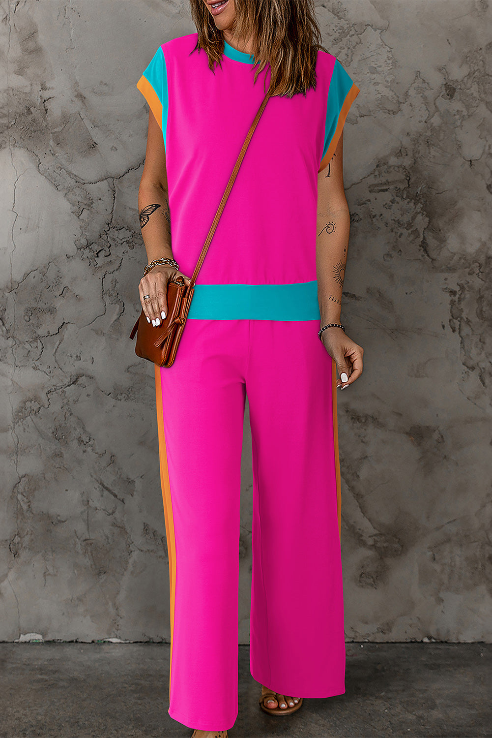 Strawberry Pink Color Block Detail Casual Two-piece Outfit JT's Designer Fashion