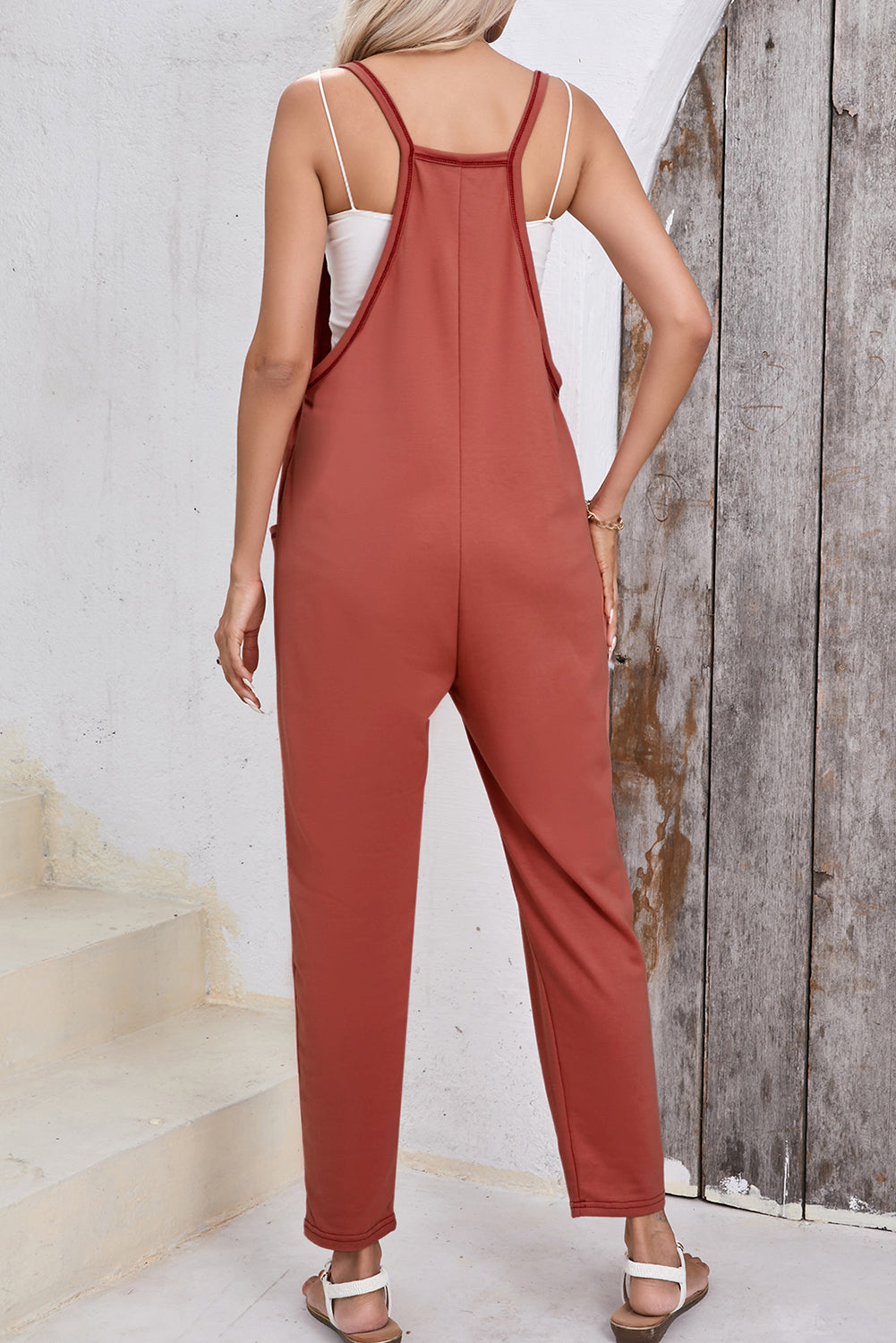 Gold Flame Side Pockets Harem Pants Sleeveless V Neck Jumpsuit Jumpsuits & Rompers JT's Designer Fashion