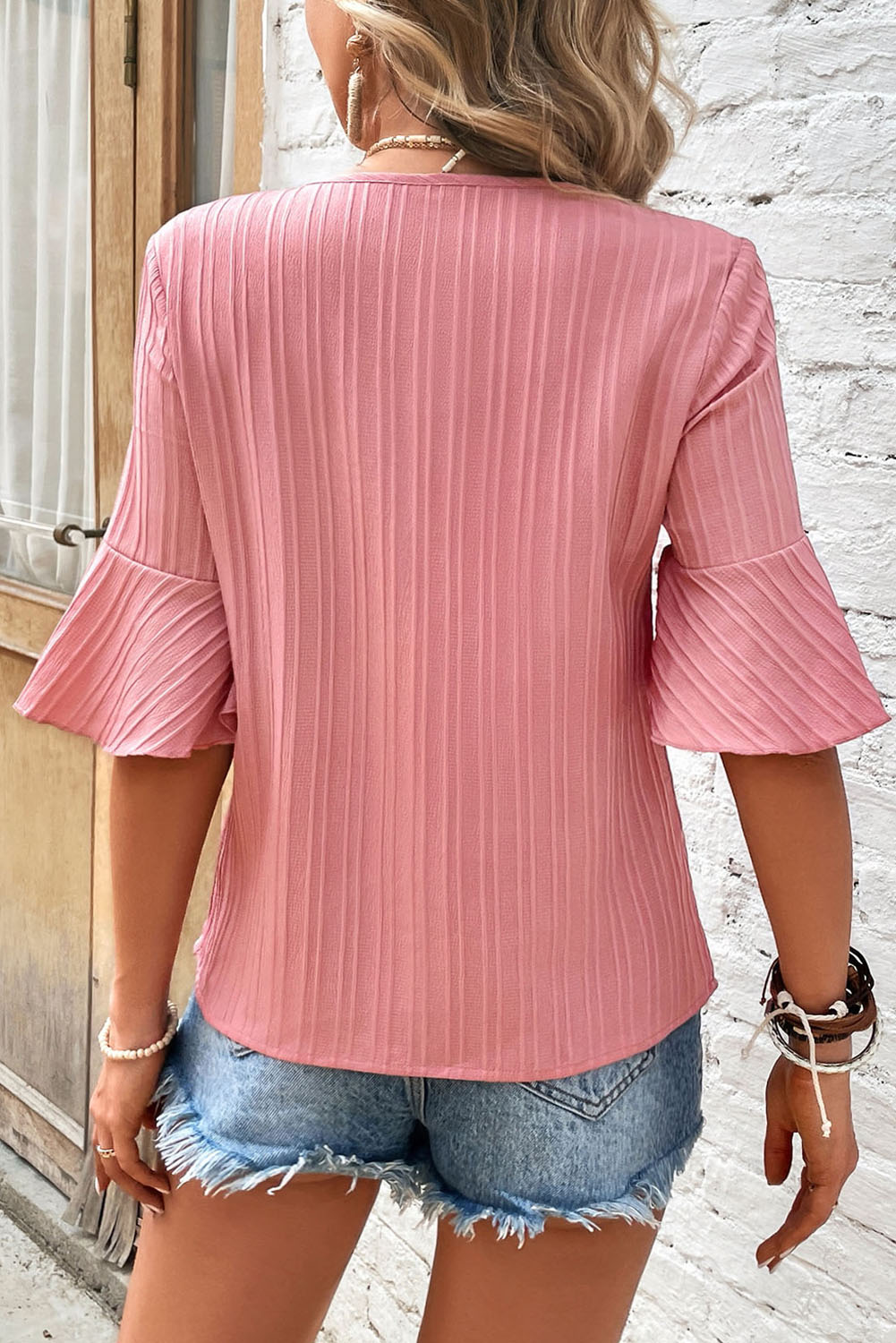 Peach Blossom Ruffled Half Sleeve V Neck Textured Plus Top Pre Order Plus Size JT's Designer Fashion