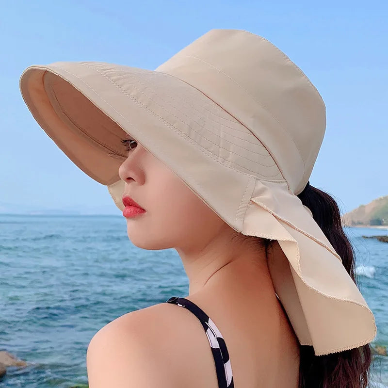 Women's Summer Hat with Wide Brim and Foldable Ponytail Beige One Size Hats & Caps JT's Designer Fashion