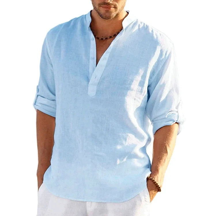 Cotton Long Sleeve Beach Tops for Men light blue Long Sleeve Tops JT's Designer Fashion