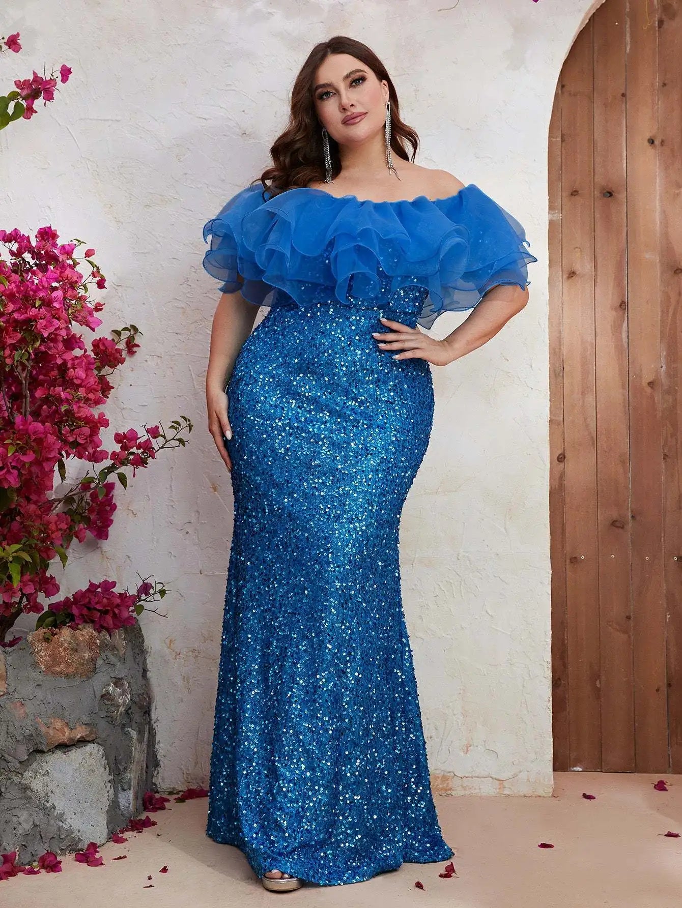 Plus Size Women Strapless Mesh Splicing Elegant Sequin Evening Dresses Blue Evening Dresses JT's Designer Fashion