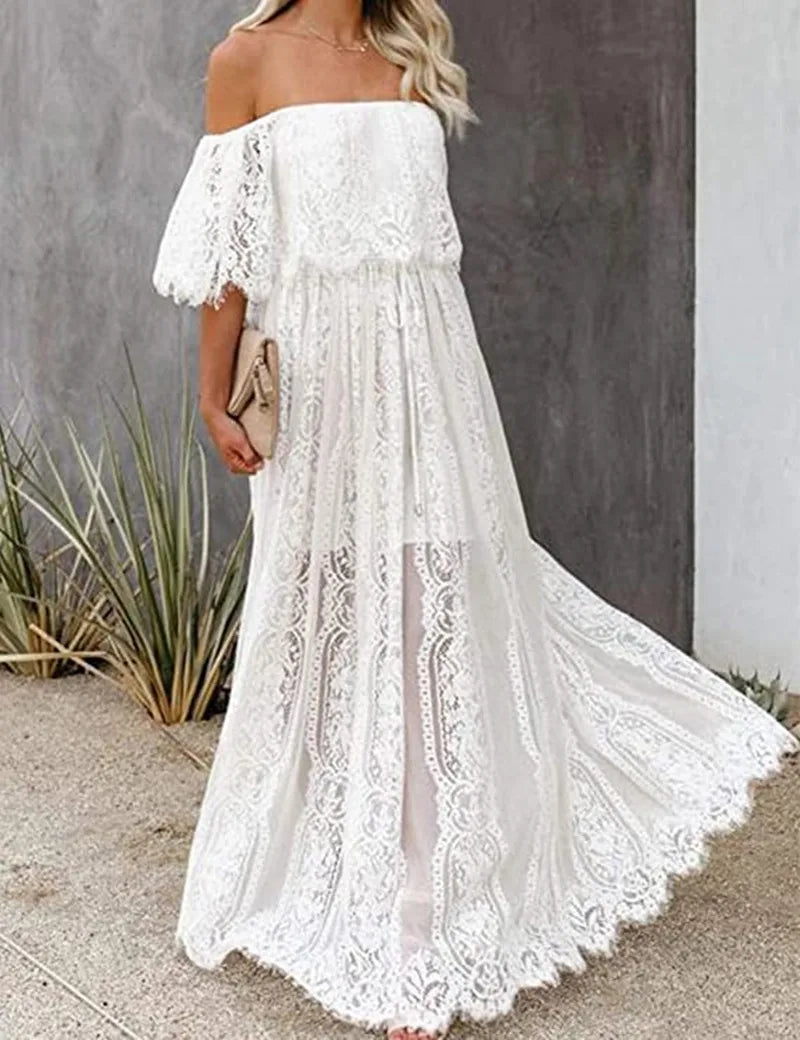 White Lace Maternity Maxi Dress for Baby Shower or Photo Shoot Maxi Dress JT's Designer Fashion