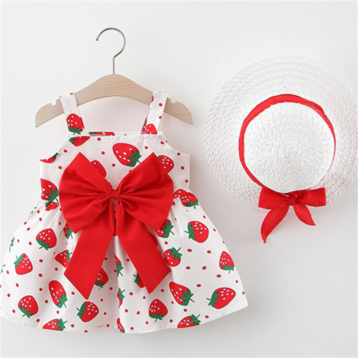 Babies Casual Dress Strawberry Print Chest Bow with hat Red Baby JT's Designer Fashion