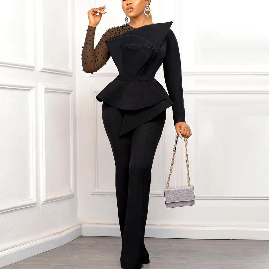 Elegant Beaded Transparent Sleeve High Waisted Jumpsuit Black Jumpsuits Jumpsuits & Rompers JT's Designer Fashion