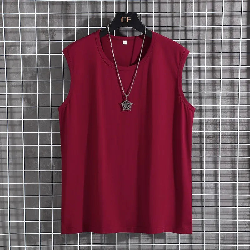 Big & Tall Mens Cotton Sleeveless Round Neck Oversized Solid Color T-Shirt Red Men's Tops JT's Designer Fashion