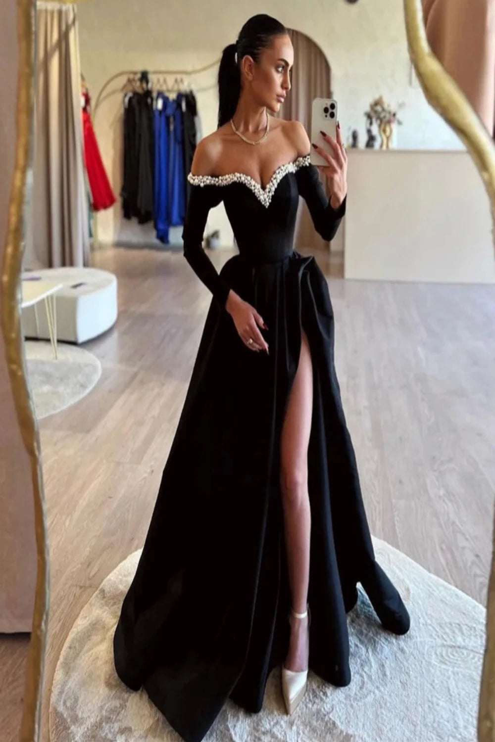 Elegant A-Line Satin Off Shoulder Long Sleeves Prom Gowns Black Evening Dresses JT's Designer Fashion