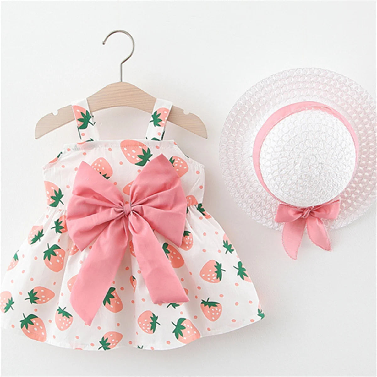 Babies Casual Dress Strawberry Print Chest Bow with hat Pink Baby JT's Designer Fashion