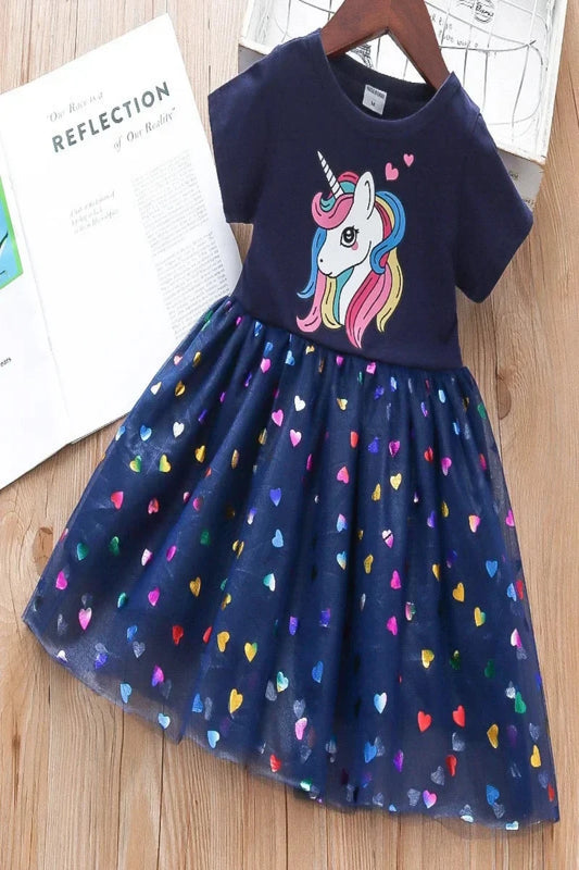Girls Unicorn Princess Dress with Heart Sequins Blue Kids clothes JT's Designer Fashion