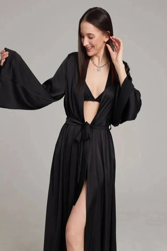Women's Peignoir Flare Long Sleeve Satin Robe Black Robe JT's Designer Fashion