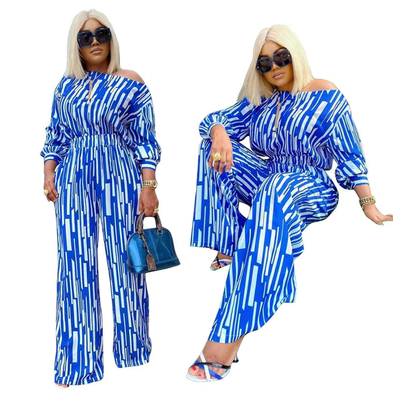 Plus Size Women Long Sleeve Striped Tops and Pants Sets Jumpsuits & Rompers JT's Designer Fashion