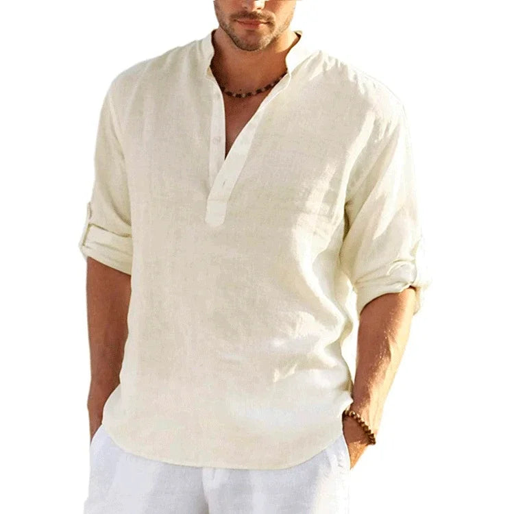 Cotton Long Sleeve Beach Tops for Men beige Long Sleeve Tops JT's Designer Fashion